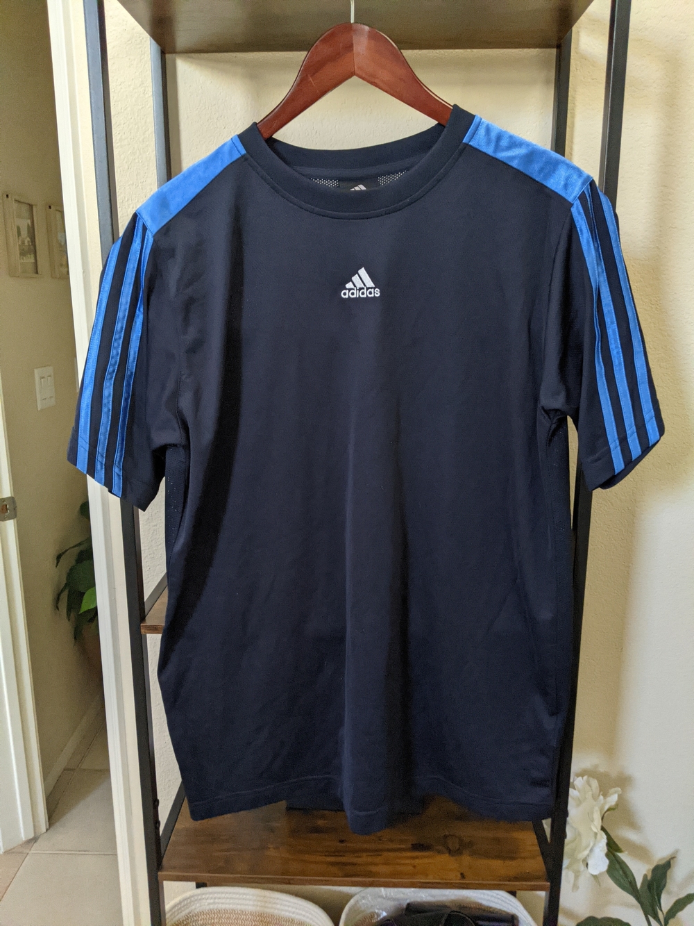 adidas Navy Blue Short-Sleeve Active 360 Tee with Blue Shoulder Stripes Medium